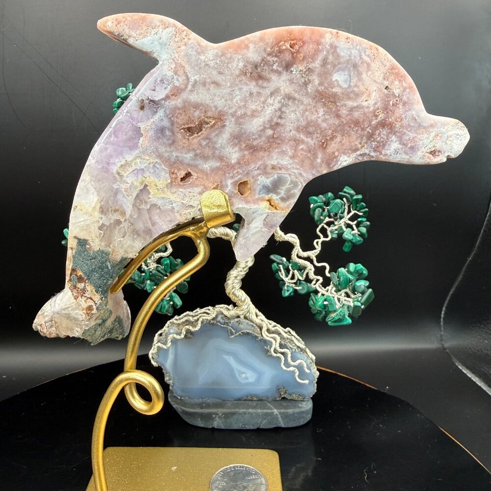 Pink Amethyst and Green Jasper Dolphin Crystal Carving Brazil 3.51" Tall Druzy P